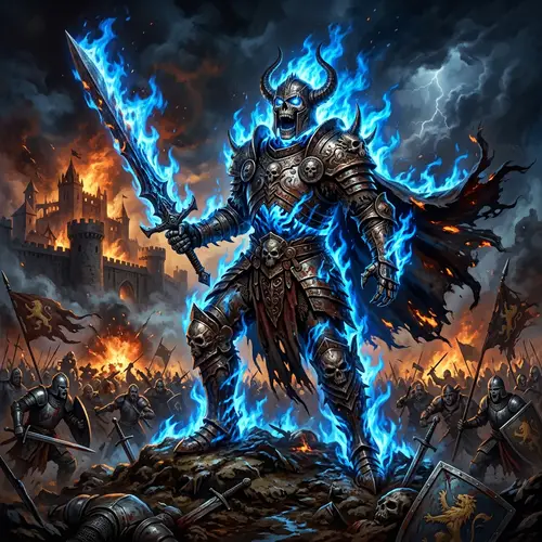 Undead General in Iron Armor Engulfed in Blue Flames