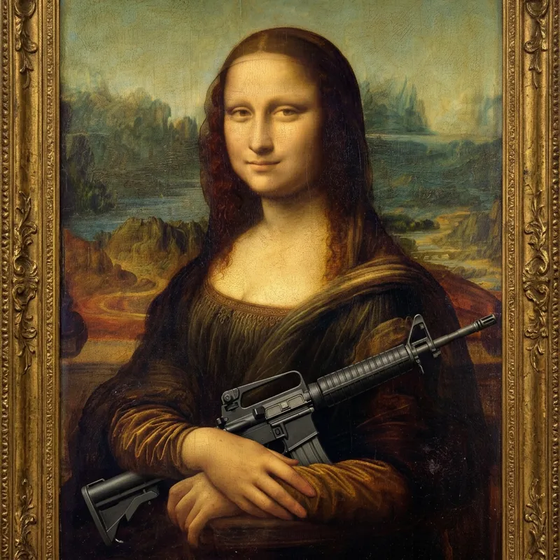 Mona Lisa with M-16 Gun: Modern Twist on Da Vinci's Art