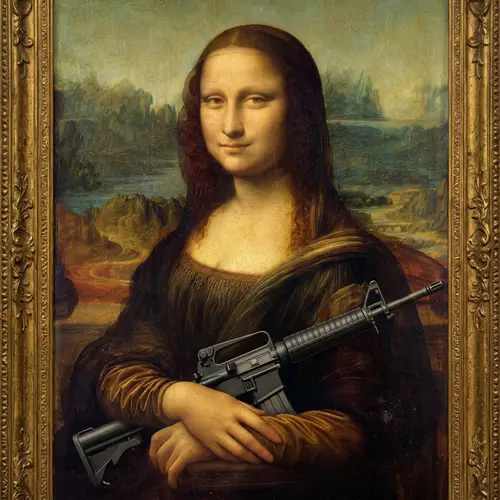 Mona Lisa with M-16 Gun: Modern Twist on Da Vinci's Masterpiece