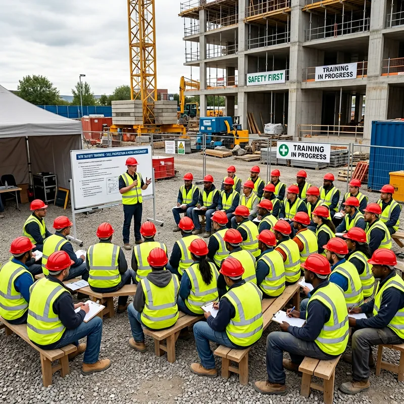 36 Construction Workers Learning Session in Red Helmets and Vests 36 Construction Workers Learning Session in Red Helmets and Vests