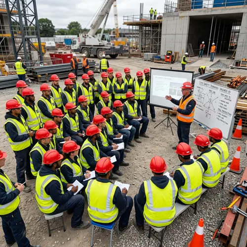 36 Construction Workers in Red Helmets Learning Together