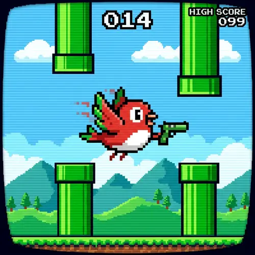 8-Bit Bird Character with Gun - Pixel Art Design