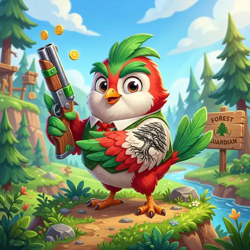 Avian Character Holding Shotgun with Unique Red, White, and Green Color Palette