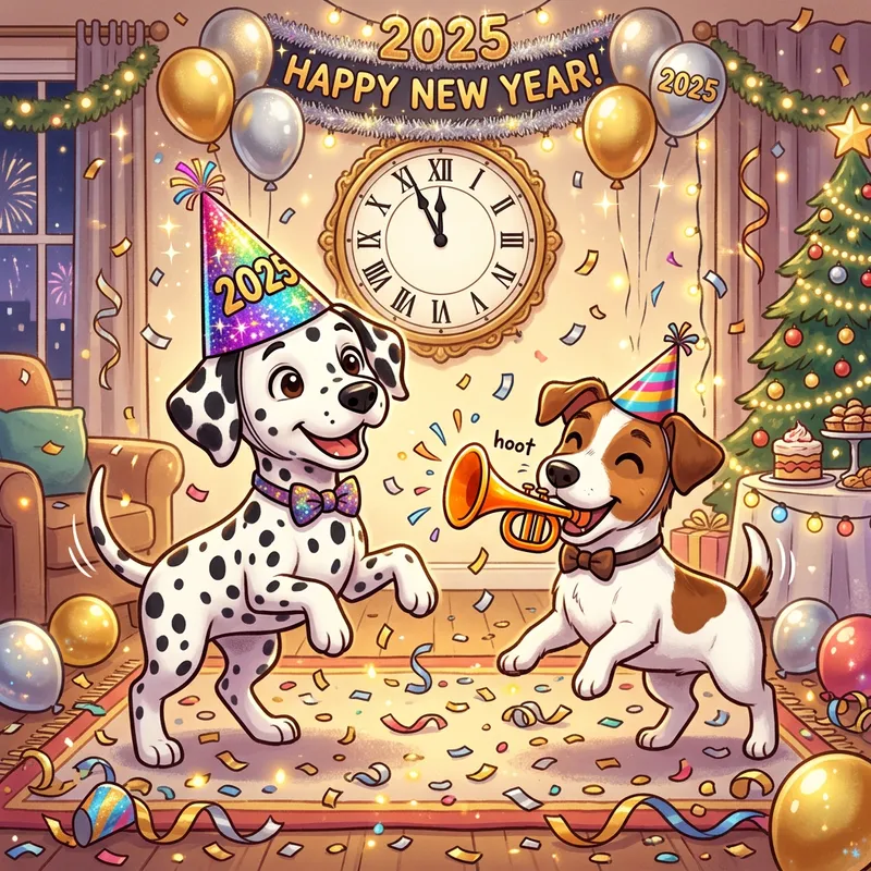 Dalmatian & Jack Russell New Year Cartoon Party