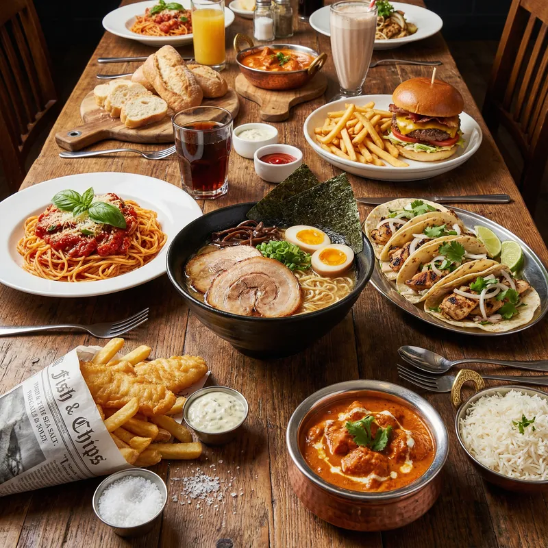 Delicious Gastronomic Plates: Ramen, Spaghetti, Tacos, Fish & Chips