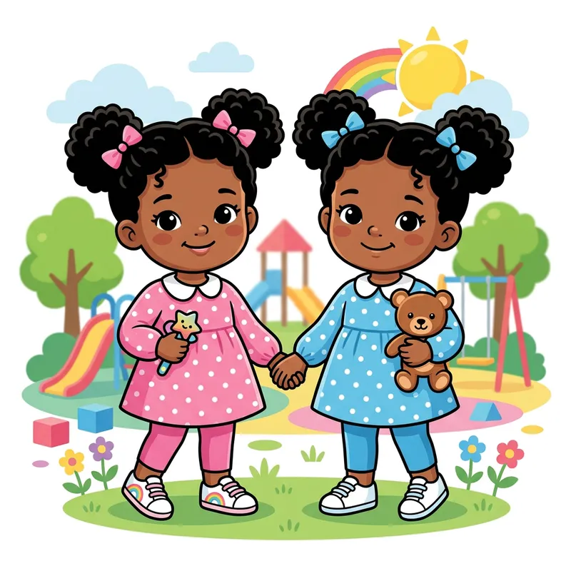 Adorable Preschool Age Twin Girls Clip Art