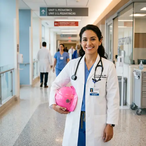 Female Hispanic Doctor with Pink Construction Helmet in Hospital