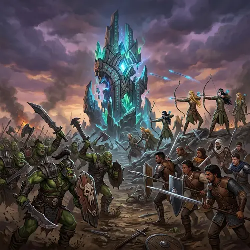 Fantasy Battle Scene: Orks, Humans, and Elves Clash for Ancient Artifact