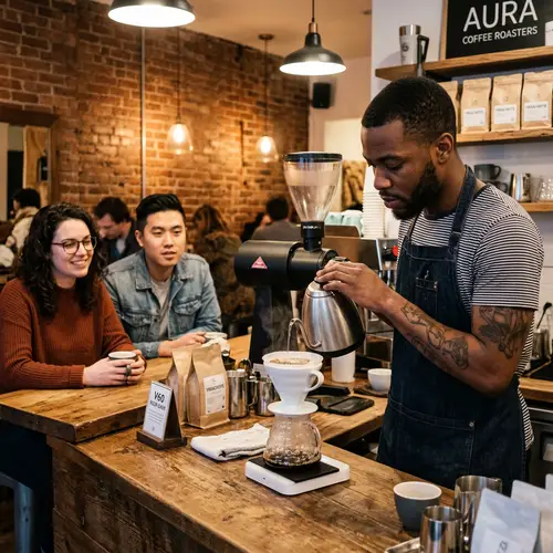 Male Barista Brewing Coffee with V60 Dripper in Urban Cafe