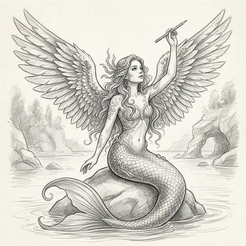 Majestic Mermaid with Angel Wings Pencil Drawing