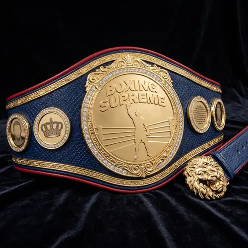 Championship Boxing Belt: Navy Blue & Blood Red Trim - Lucero's Boxing Tournament King