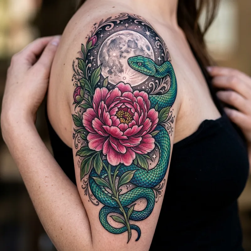 Peony, Moon, and Snake Tattoo Design