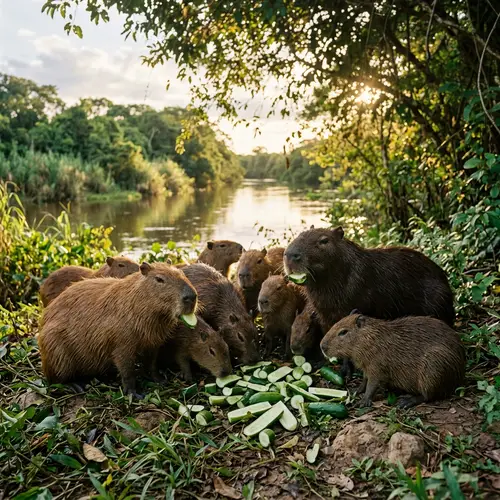 Diverse Group of Capybaras Munching on Cucumbers