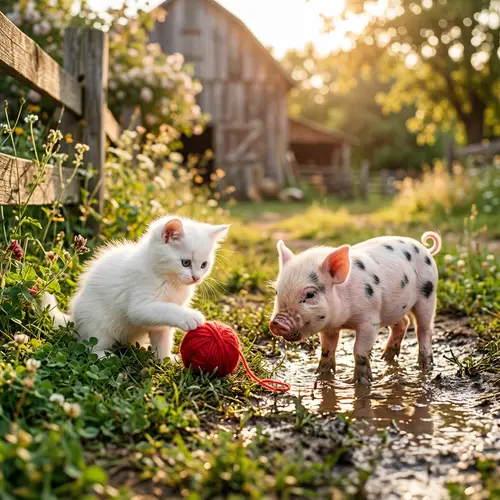Cute Kitten and Piglet Playful Scene