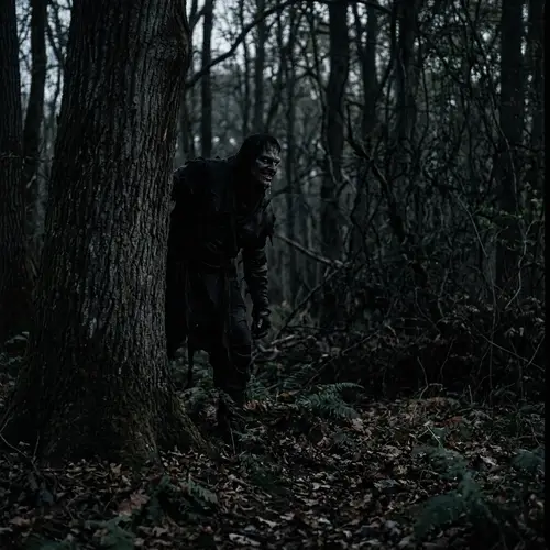 Dark and Mysterious Encounter with Towering Humanoid in Ominous Forest