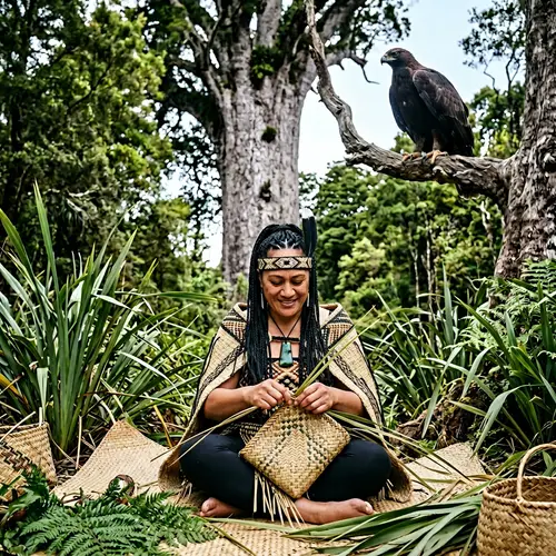 Maori Woman Weaving Kete | Flax Bush & Kauri Tree Scene