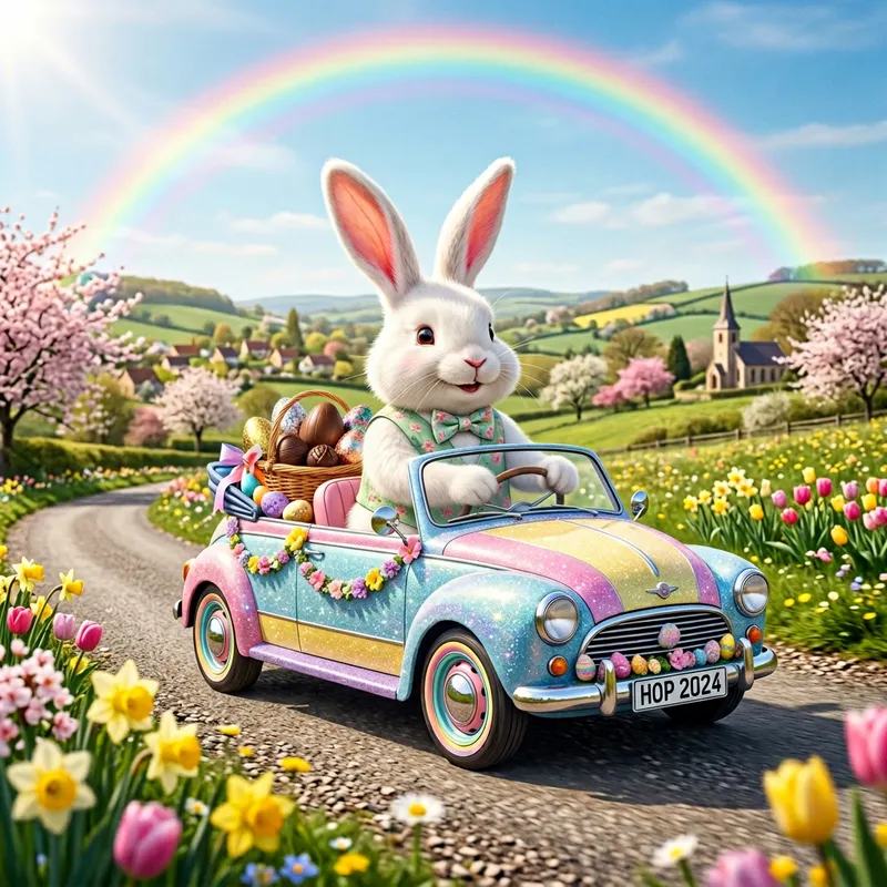 Fluffy Easter Bunny Driving Colorful Car | Whimsical Easter Image