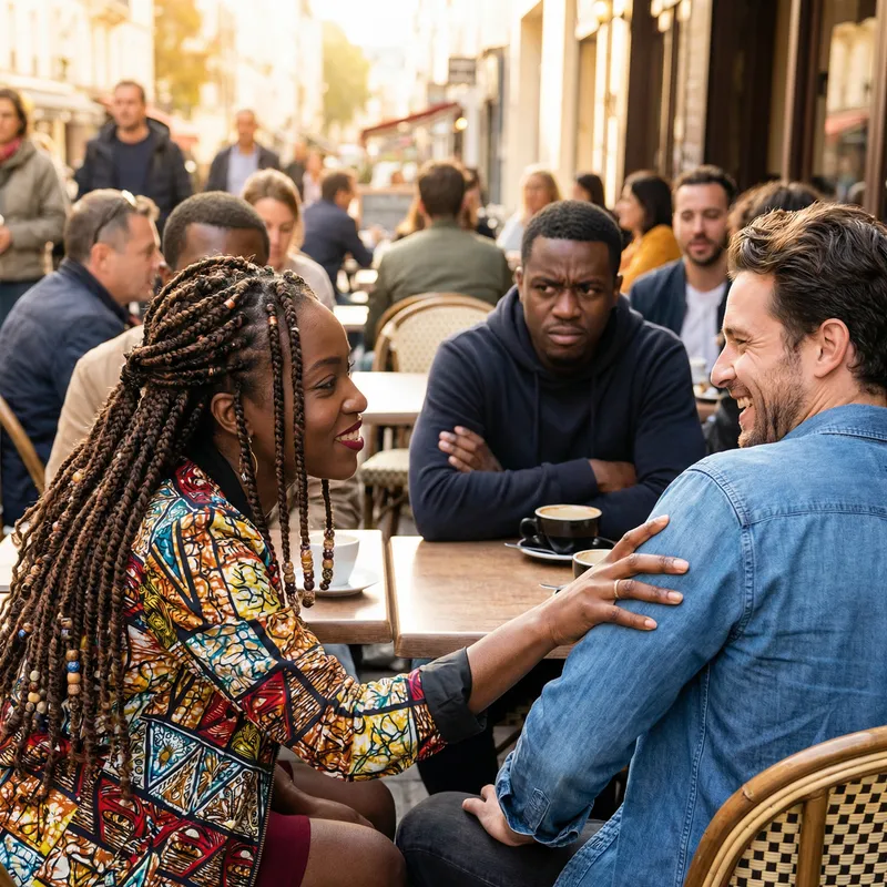 Captivating Scene: Elegant Black Woman Flirting Amidst Social Tension