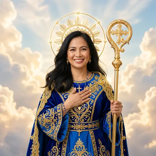 Filipina Woman Dressed as Patron Saint | Royal Blue Dress