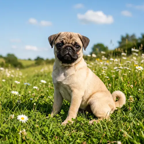 Adorable Fawn-Colored Pug Dog on Meadow | Cute Pug Puppy