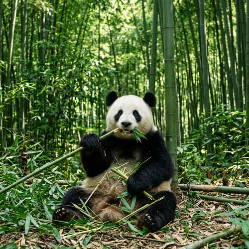 Relaxed Panda Munching Bamboo in Bamboo Forest