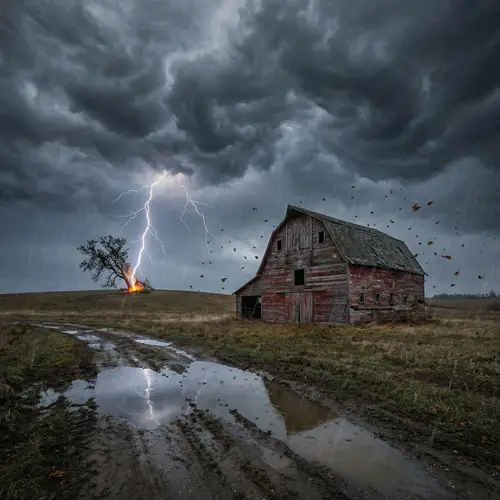 Raw Nature's Fury: Unpredictable Storm Over Abandoned Barn