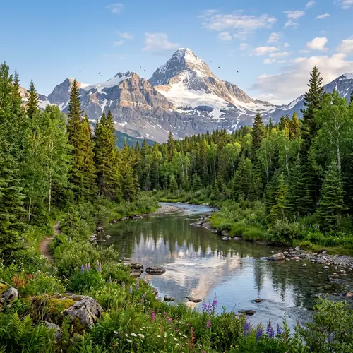 Tranquil Mountain Landscape: River, Forest, Plant Life