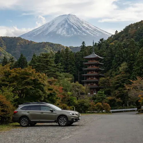Japanese Pagoda amidst Lush Forest Hills
