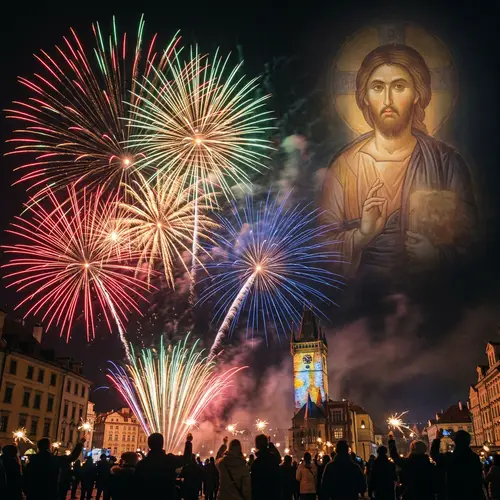 Vibrant New Year Fireworks with Serene Religious Figure