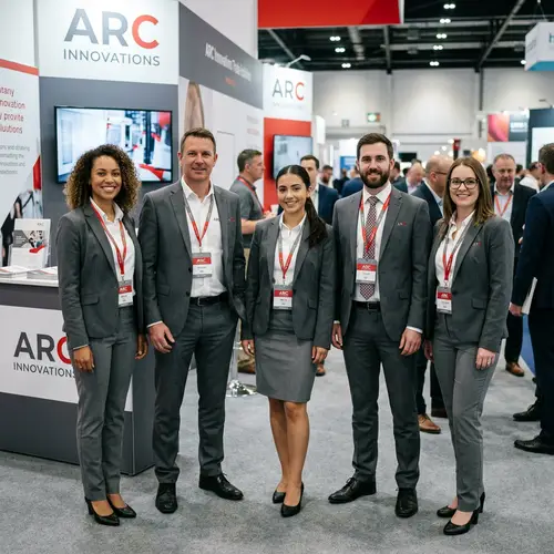 Corporate Business Attire for Exhibition in White, Gray, and Red