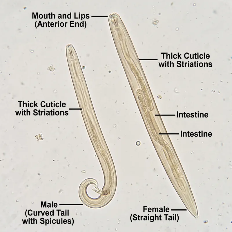 Ascaris Lumbricoides Gross Examination: Male & Female with Visible Features
