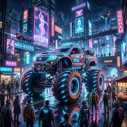 Futuristic Monster Truck in Cyberpunk Cityscape