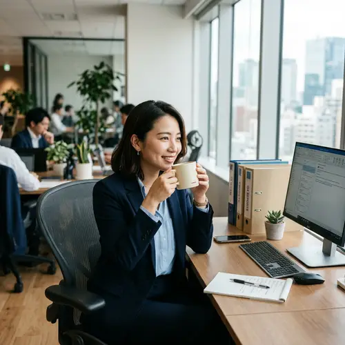 Office Worker Enjoying Coffee Break in Modern Workspace