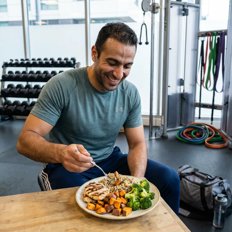 Middle-Eastern Male Sports Enthusiast Refuels with Nutritious Meal After Exercise