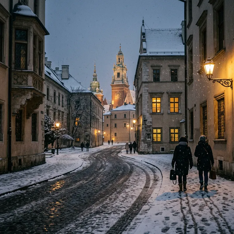 Moody Winter Street Scene in Krakow | Snow-Covered Evening