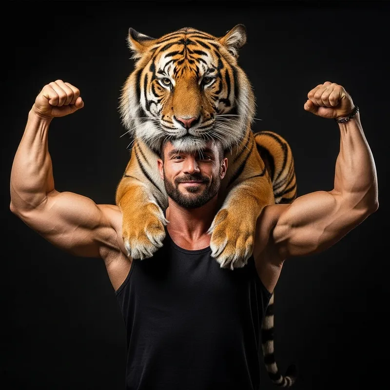 Bodybuilding Pose with Tiger on Head