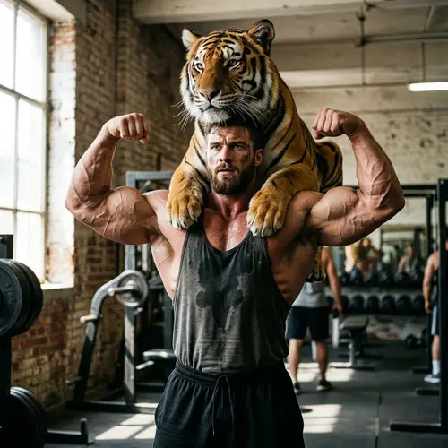 Bodybuilding Pose with Tiger on Head