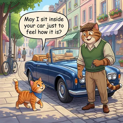 Curious Cat Meets Luxury Car in Cartoon Scene