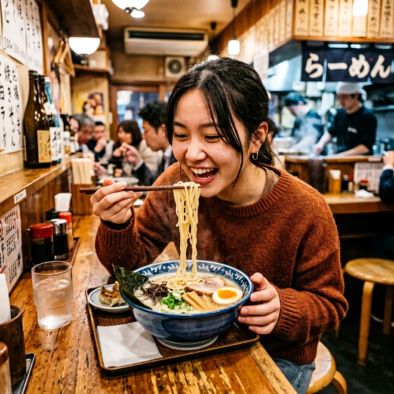 18-Year-Old Woman Enjoying Ramen with Chopsticks