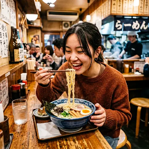 18-Year-Old Woman Enjoying Ramen with Chopsticks