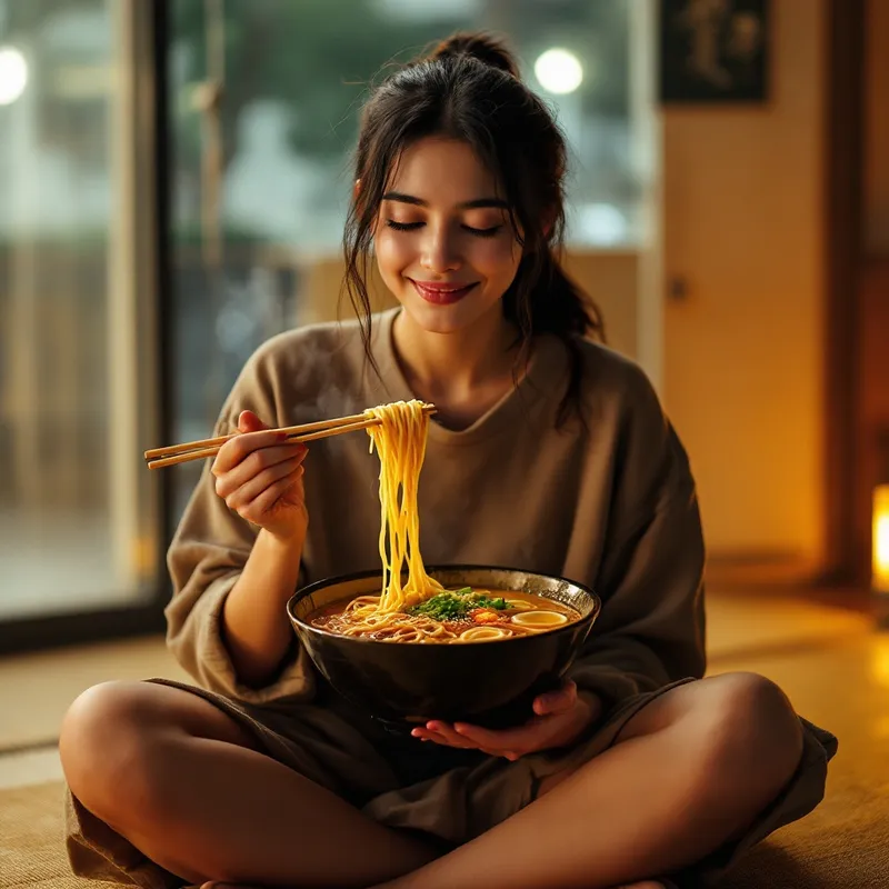 18-Year-Old Woman Enjoying Ramen Delight 18-Year-Old Woman Enjoying Ramen Delight