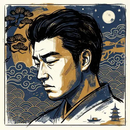 Japanese Man Profile Illustration: Moody & Abstract Art