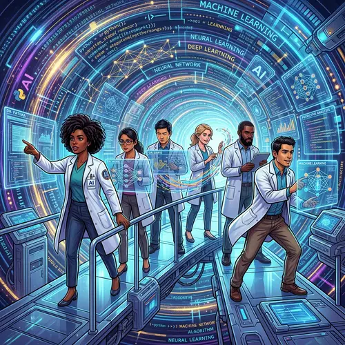 Diverse Scientists Exploring Artificial Intelligence | Futuristic AI Illustration