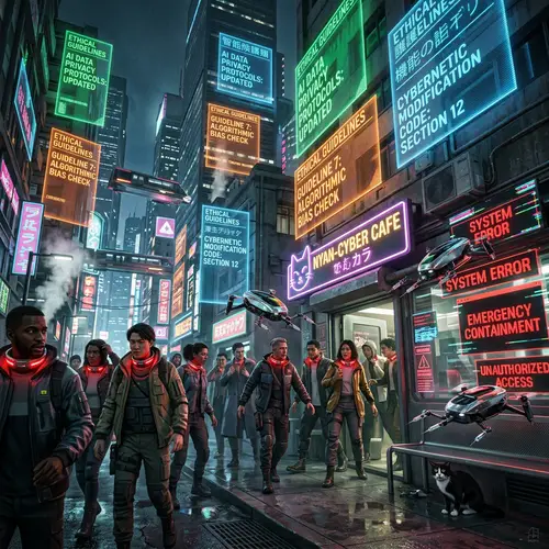 Cyberpunk Cat Café Chaos: A Futuristic Cityscape