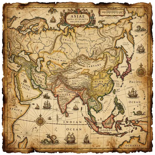 Vintage-Style Map of Asia with Detailed Territories and Symbols