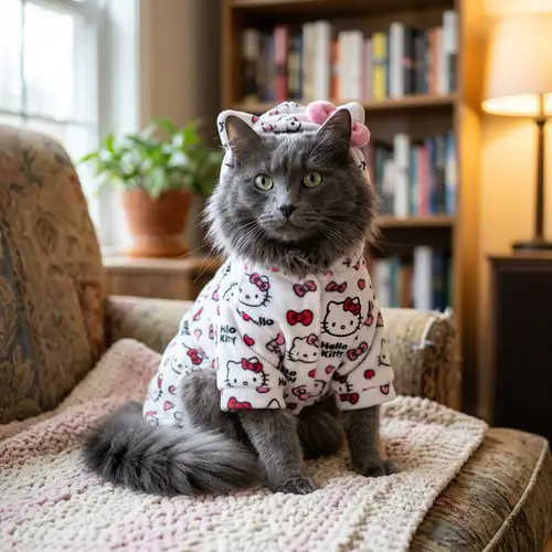 Gray Nebelung Cat in Hello Kitty Pajama