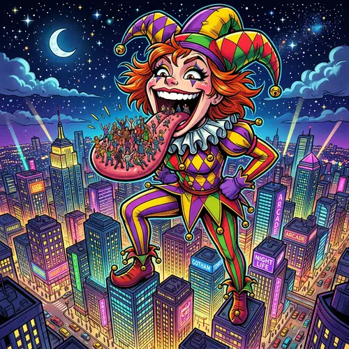 Harley Quinn: Vibrant Jester in the City Skyline