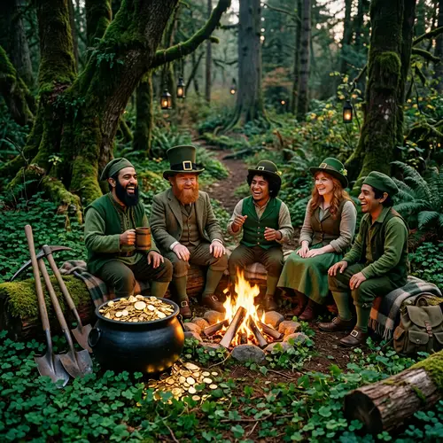 Cheerful Leprechauns by the Campfire in Enchanted Forest