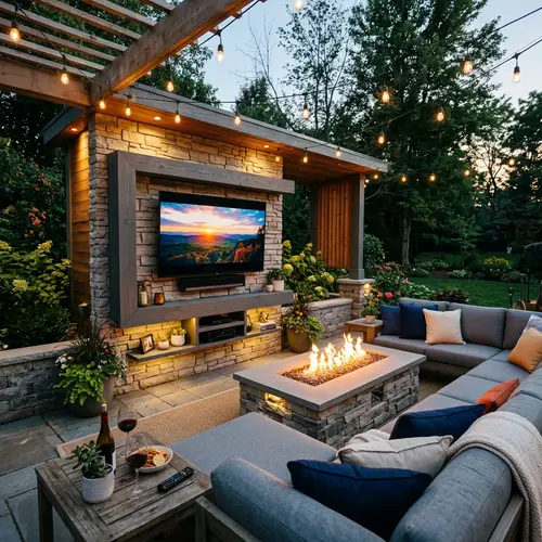 Stylish Media Wall with Firepit