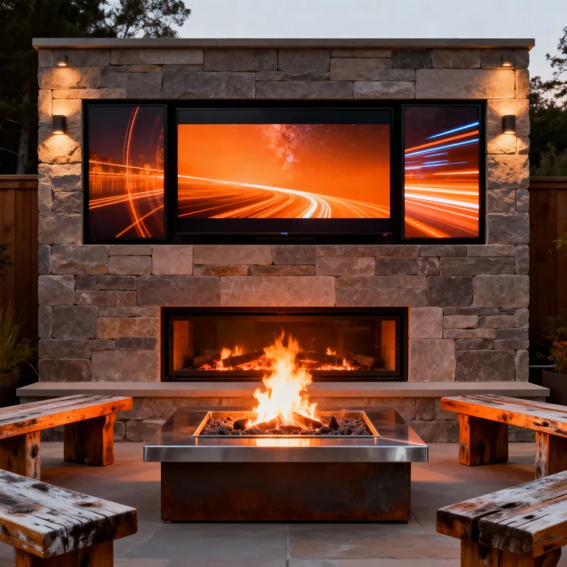 Stylish Media Wall with Firepit
